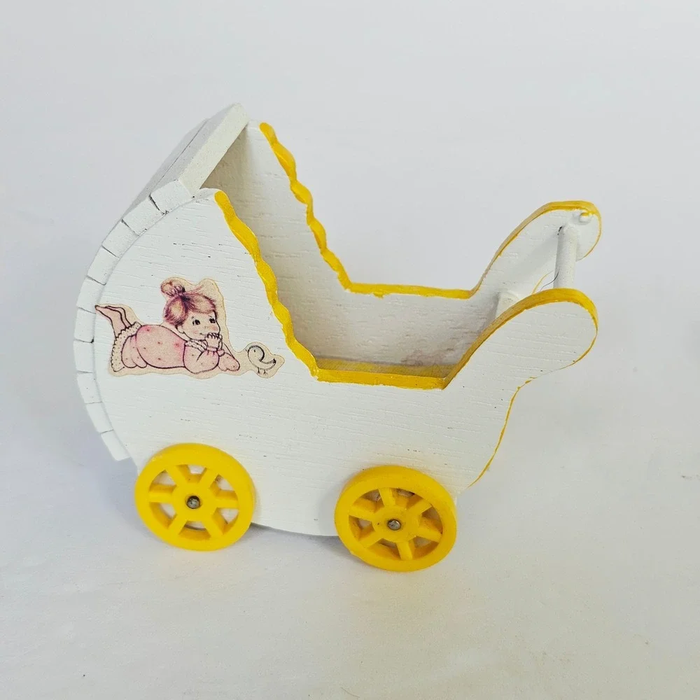 Vtg Retro Miniature Wooden Baby Carriage Plastic Bassinet Nursery Set Dollhouse
